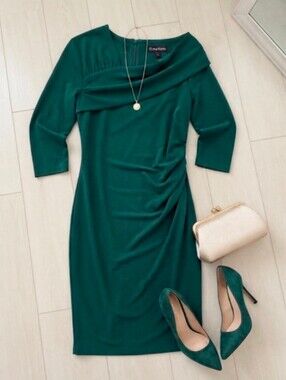 GRACE KARIN Green Ruched Asymmetric 3/4 Sleeve Midi Bodycon Cocktail Dress Sz S